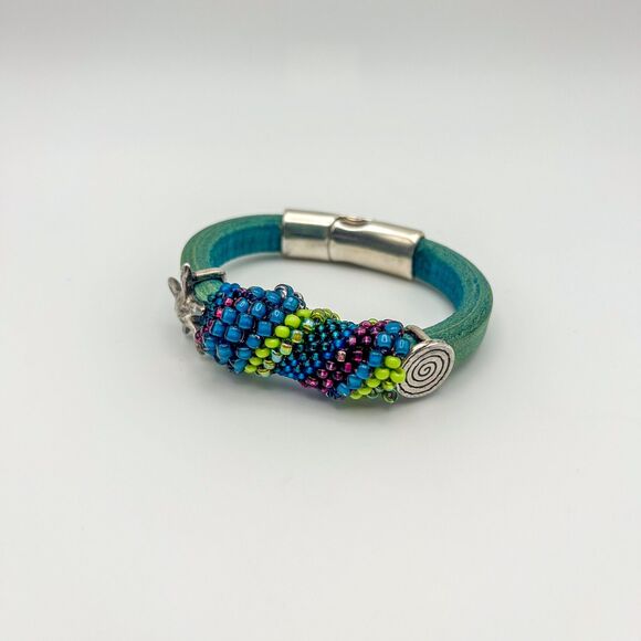 Leather Bracelet Partially Wrapped in Beads Nautical Theme Magnetic Closure - Picture 2 of 7